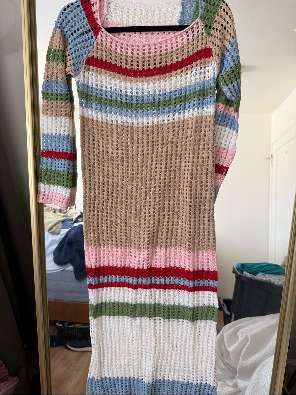 Striped Open-Knit Midi Dress in Beige, Pink, Red, Green, Blue & White